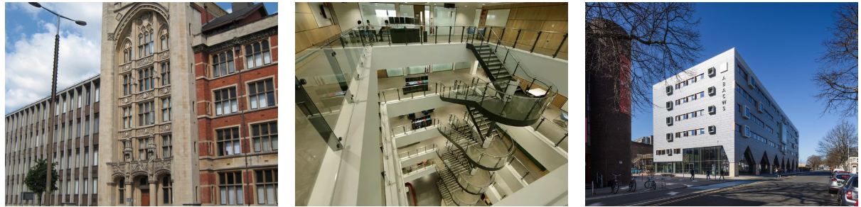Three images, the left showing the Queens building in Cardiff from the outside main entrance, the middle the inside modern looking staircase of the Abacws building in Cardiff and hte left the outside of the Abacws building in Cardiff.